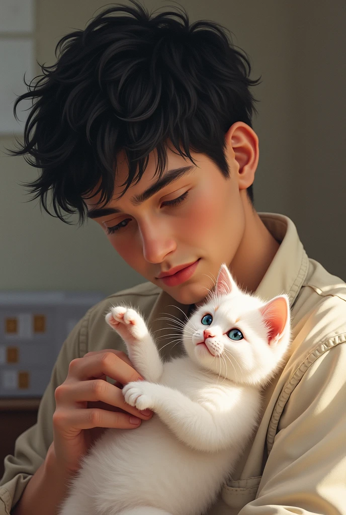 A guy with black hair and blue eyes is playing with a white kitten