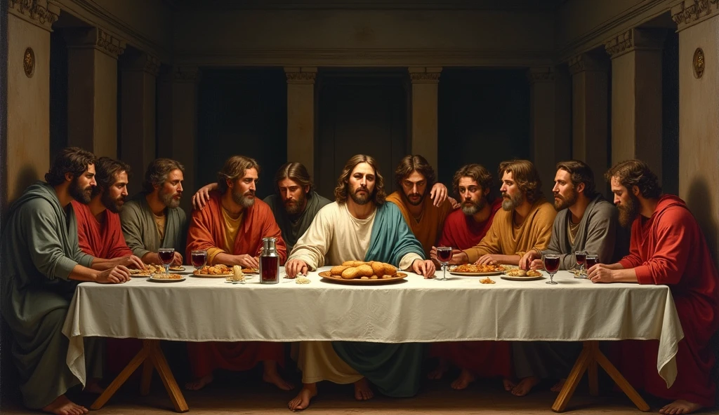 A vibrant scene of the Last Supper, with the apostles seated around a table, expressing emotions of unity and reflection. The table is laden with bread and wine, and the soft light illuminates the faces of the apostles.