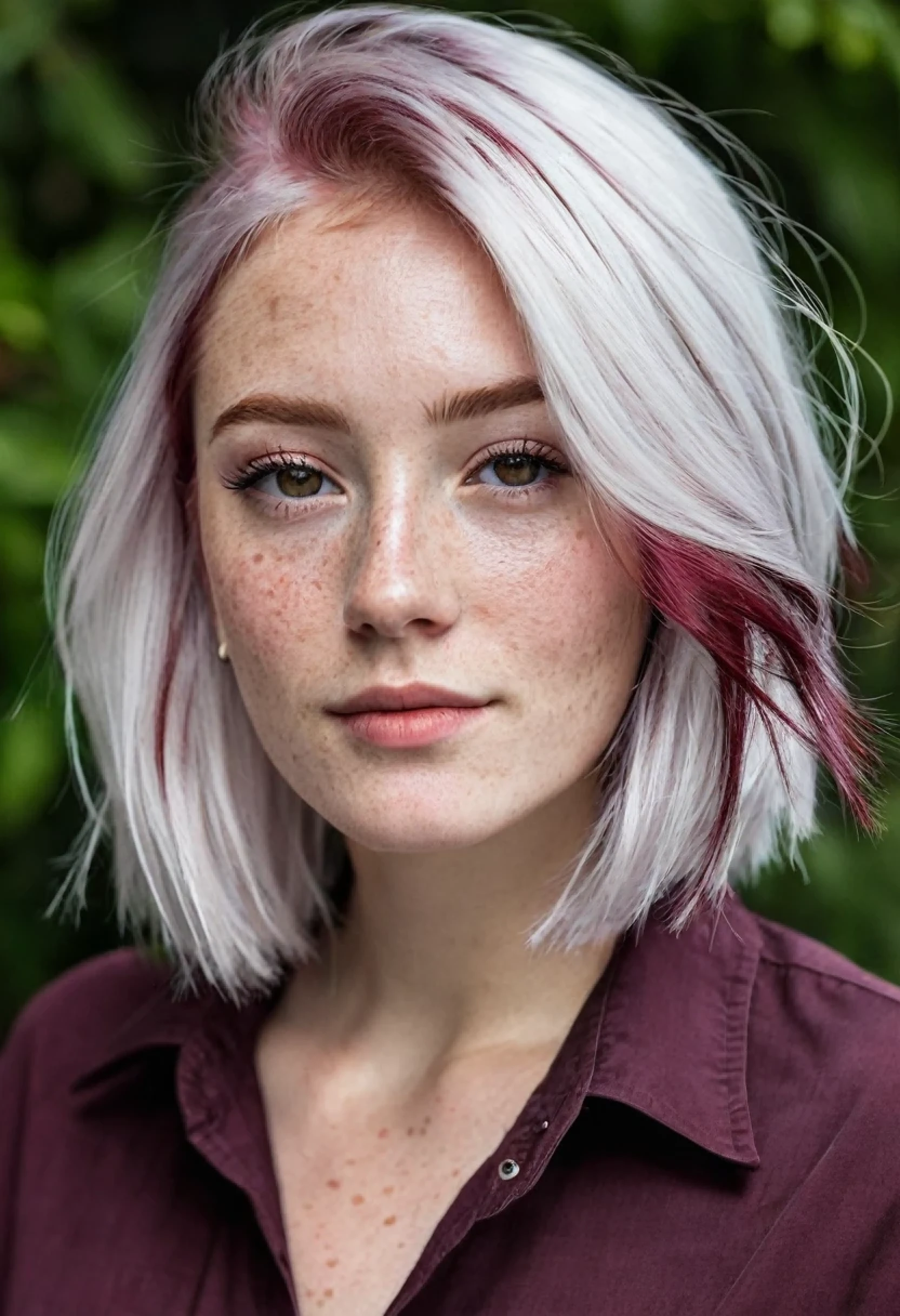 a beautiful woman with platinum hair, burgundy thin dyed hair on the side of her hair, and very few freckles