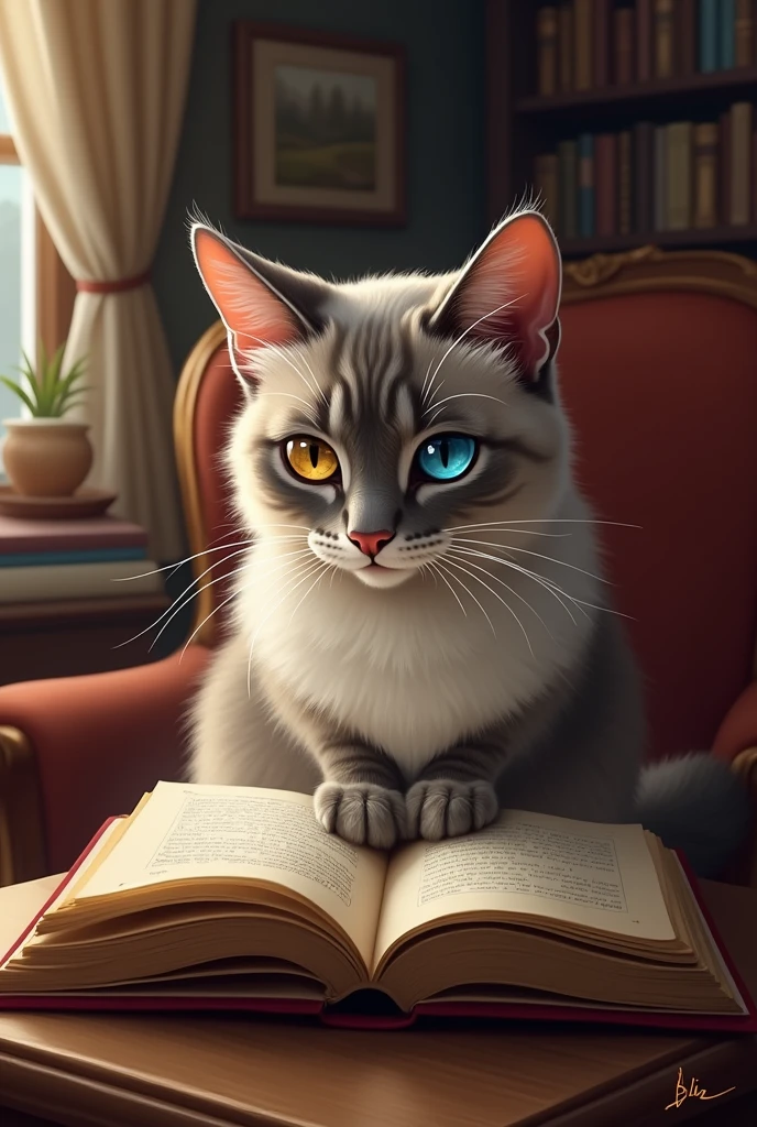 Beautiful cat with heterochromia reading a book