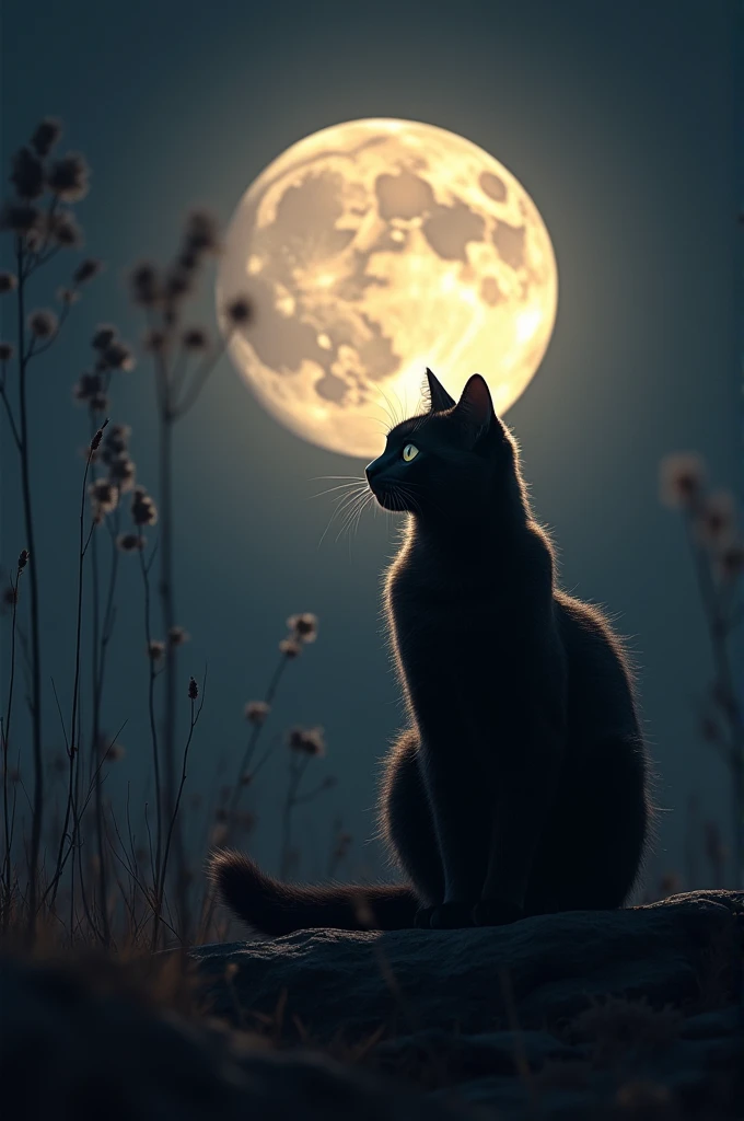 A furry black cat looking directly at the moon and the moon saying NF mixed with the shades of the moon in the center