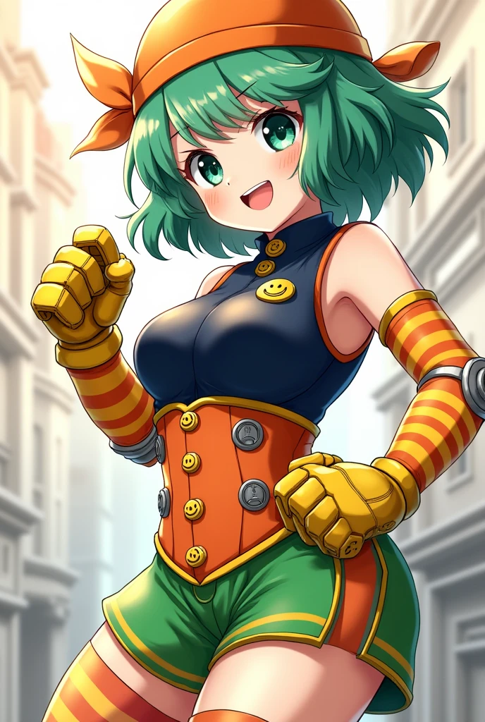 She has sea-green hair that is medium length., and short, wispy bangs that are usually obscured by her bandana. She has dark green eyes with bright pupils, but by far her most prominent feature is her unwavering joyful smile.

Her heroine costume consists of a sleeveless navy blue shirt with a high collar buttoned up to the chin, puffy shorts with a green and orange chalk stripe design and a corset adorned with yellow smiley face pins, Diving into a shallow "sup" At the center. Below that, she wears a white V-shaped belt and, In your hands, she has yellow padded gloves with gold plates over her knuckles and lower fingers, that extend into orange striped tubes down her arms, with thick metal cylinders acting as wrist guards over. She also wears an orange bandana, and her costume sometimes includes a white hygiene mask with a circular protrusion on each side