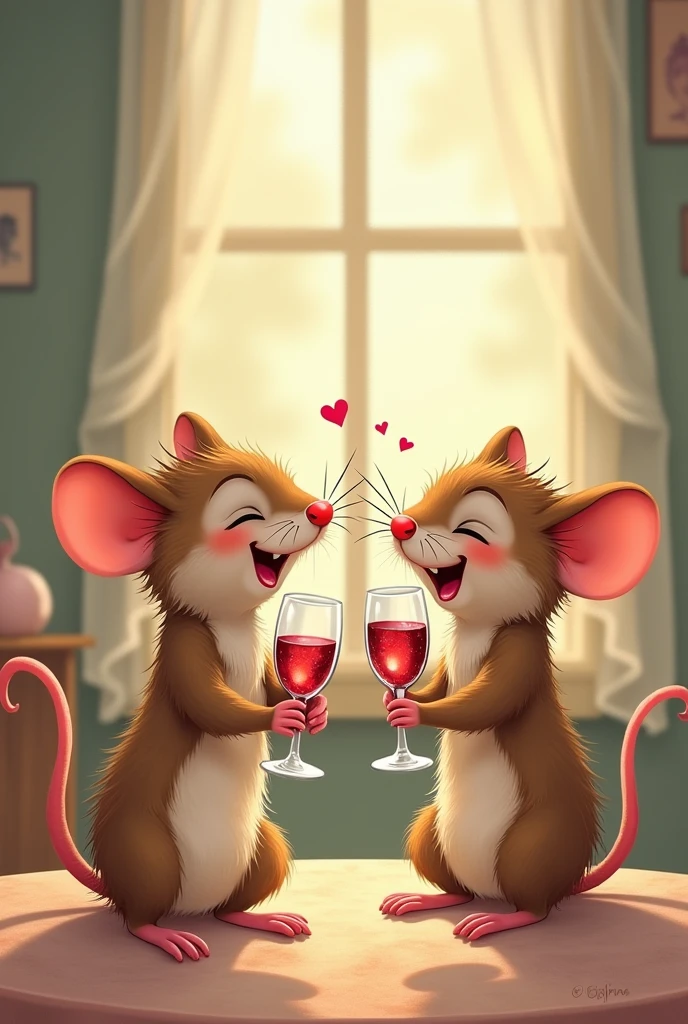 Two happy mice, Holding wine glasses.