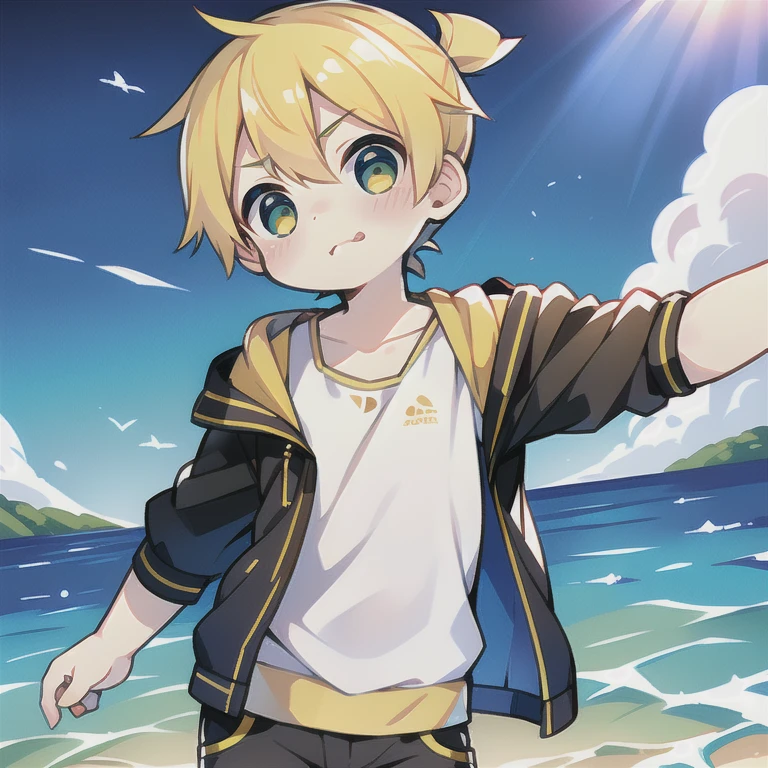 Highest quality, (high quality),eye highlights,arms are thin, thin body,put both hands on cheeks,face,from front,(portrait),((very short hair)),look at viewer,droopy eyes,smile,Pouting mouth,open your mouth and laugh,(((chilled boy))), (1 boy),kagamine len,yellow hair, spiked_hair,ponytail hair, swim suit,half pants,illustration, beach,sea, splash of water, tropical country,