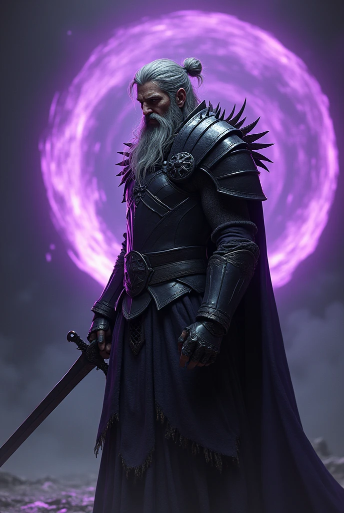a 40 year old paladin, 1,88 tall, fair-skinned human, Long gray hair that is tied in a bun, he has a thick, gray beard. This warrior is clad in black armor, with arachnid details carved, this armor has a purple glow, emanating an evil presence. The Paladin has in his eyes, An expression of vengeance. His right hand is wielding the sword towards a purple portal that sucks undead entities into itself..