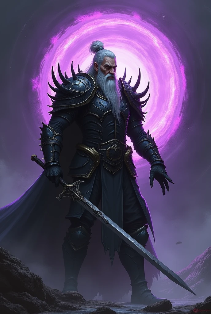 a 40 year old paladin, 1,88 tall, fair-skinned human, Long gray hair that is tied in a bun, he has a thick, gray beard. This warrior is clad in black armor, with arachnid details carved, this armor has a purple glow, emanating an evil presence. The Paladin has in his eyes, An expression of vengeance. His right hand is wielding the sword towards a purple portal that sucks undead entities into itself..