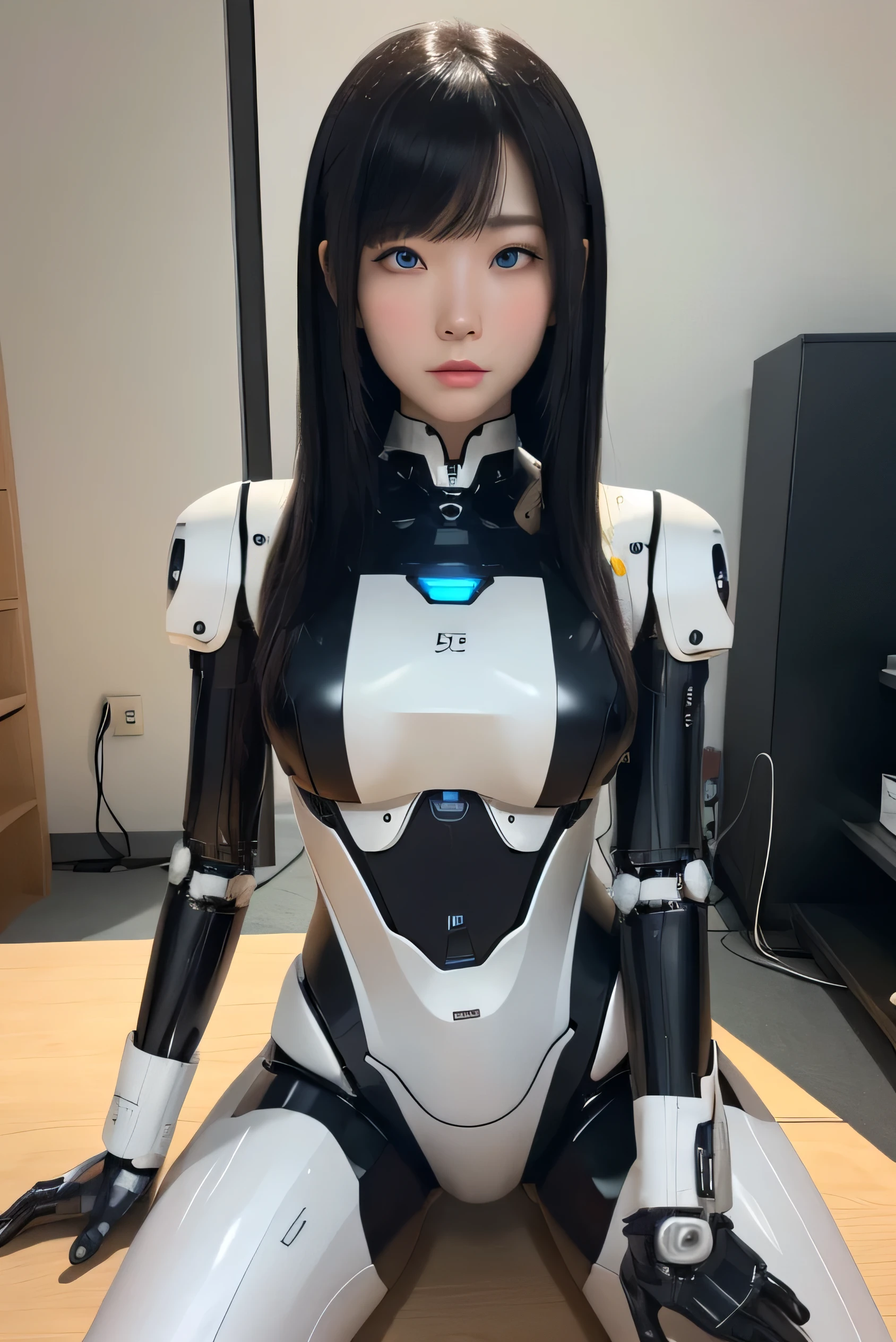 masterpiece, best quality, extremely detailed,8k portrait,Japaese android girl,Plump,control panels,android,Droid,Mechanical Hand, Robot arms and legs, Black Robot Parts,Black hair,Mechanical body,Blunt bangs,White robotics parts,perfect robot girl,long tube,thick cable connected her neck,ceramic body ,mechanical body,mechanical costume,android,robot,humanoid,cyborg,japanese android woman,mechanical chest,future laboratory,connecting a cable between the legs,blue eyes,rolling eyes