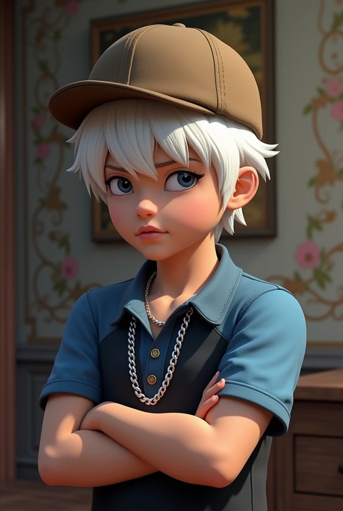 Realistic young character, crossed arms, White hair, brown cap, blue and black shirt, silver chain, in the room with decorated wall