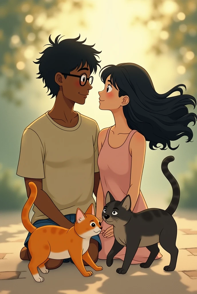 Generate an image of a Studio Ghibli couple where the man is dark-skinned and wears glasses and the woman has black wavy hair in the Studio Ghibli style, and two cats, one orange and the other tabby.