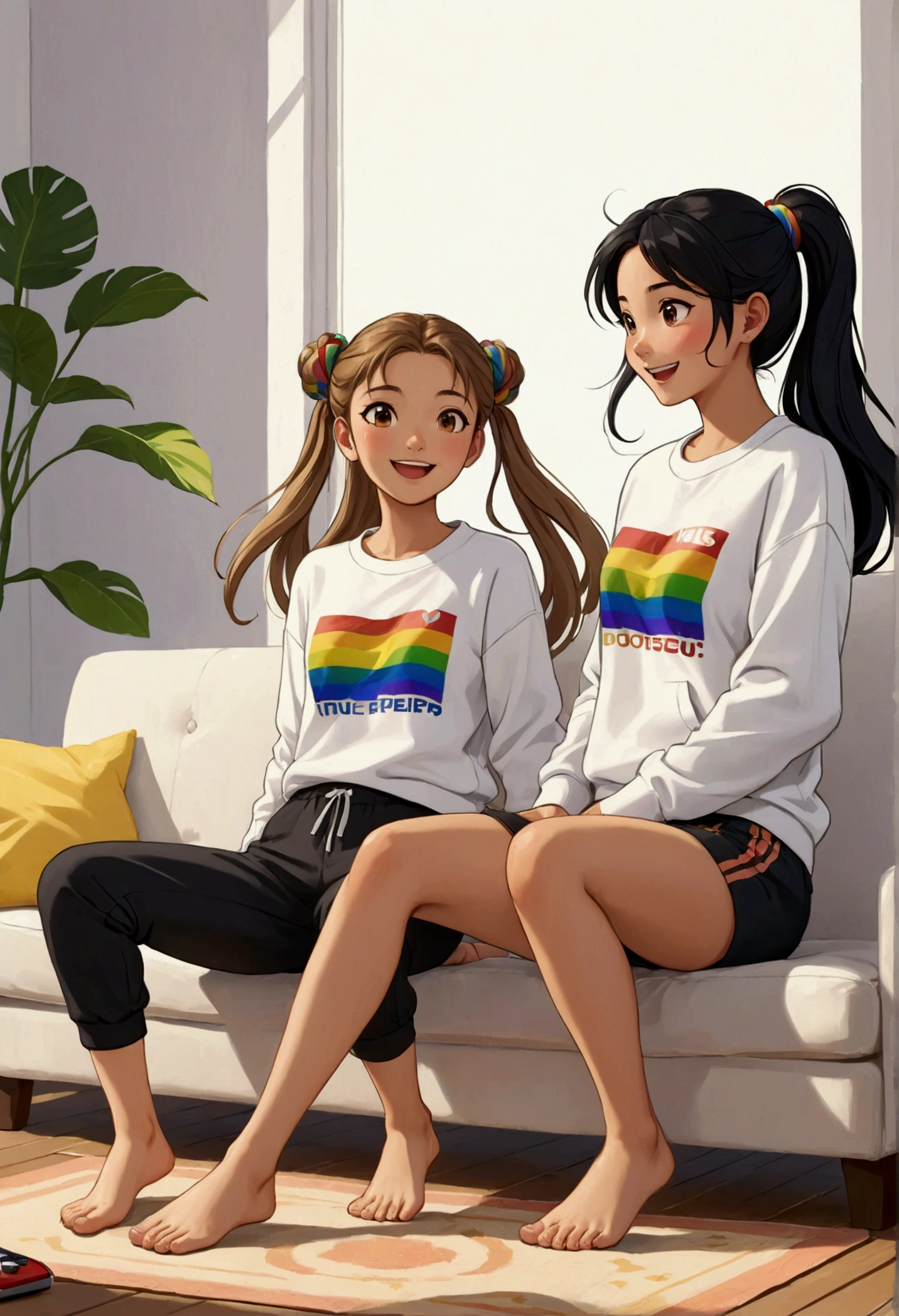 Name "FREENBECKY FALLING 2GETHER (#IDOLGameCasterEP13)" in a fun and colorful way, with the colors of the rainbow flag; 3d font for An idyllic and fun anime-style image of two beautiful young women in love, one with light brown hair tied in a bun, delicate British features, dressed in light sports pants and a loose white t-shirt, she is barefoot, Next to her is a beautiful young Asian woman with long black hair, dressed in a white sweatshirt and black shorts, she is barefoot; both are sitting in the Indian position, one leaning on the other, on a white two-seater sofa and are playing video games, they are having fun, laughing and having a nice time together, there is a lot of complicity, intimacy and sweetness between them. illustration, realistic, animated, photography, poster, fashion, portrait photography