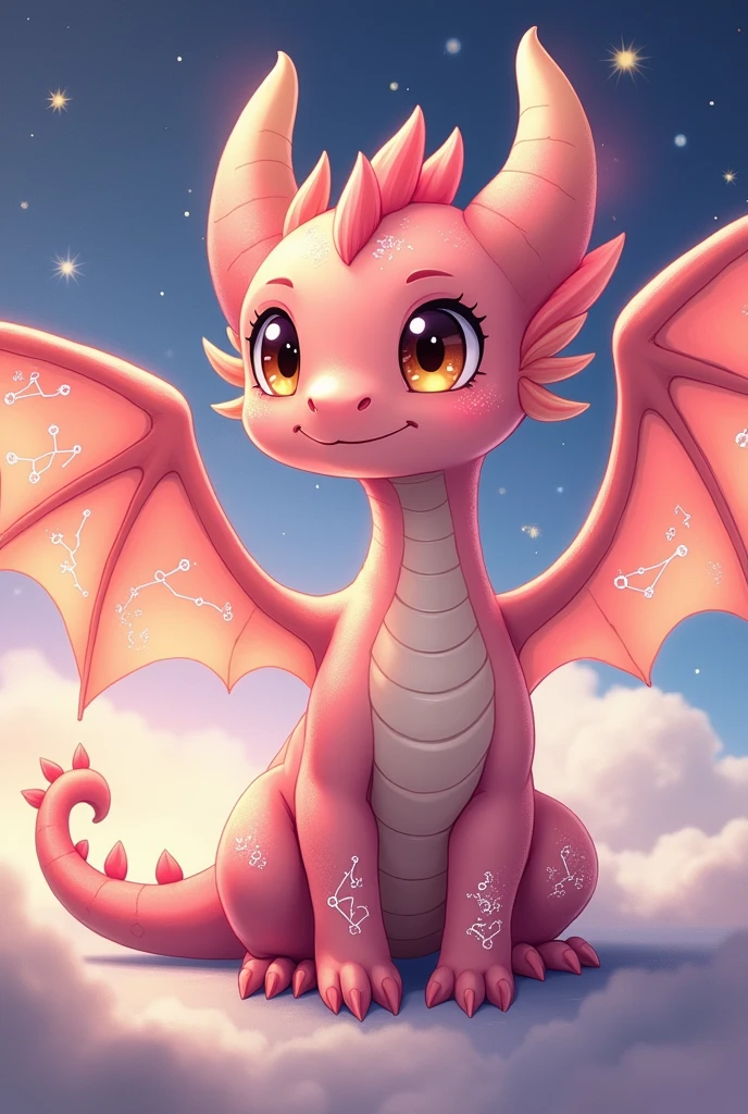 A little pink dragon with soft, big, light brown eyes, that on its majestic wings and on its skin it has the astral constellations captured (white lines): dragon constellation, raven constellation, cancer constellation, Libra constellation and many stars.
in a cartoon anime style, and he's semi-flying sideways and looking straight ahead.
