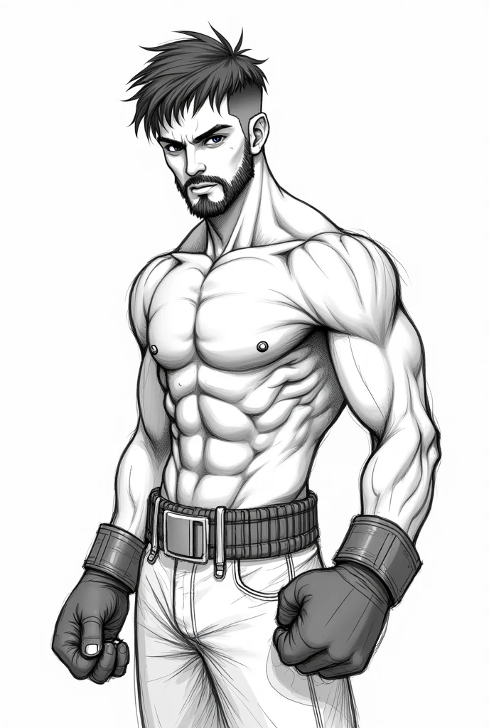fighting game character, sketch, concept art, human shadow, young male, dark black color,v-tapper lean frame, boxing champion, no boxing gloves, no clothes, shirtless, muscular, short hair, facial hair, on plain white canvas, rough, thin lines,
