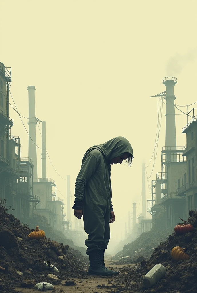 Create a drawing of how environmental pollution affects human dignity as a simple drawing