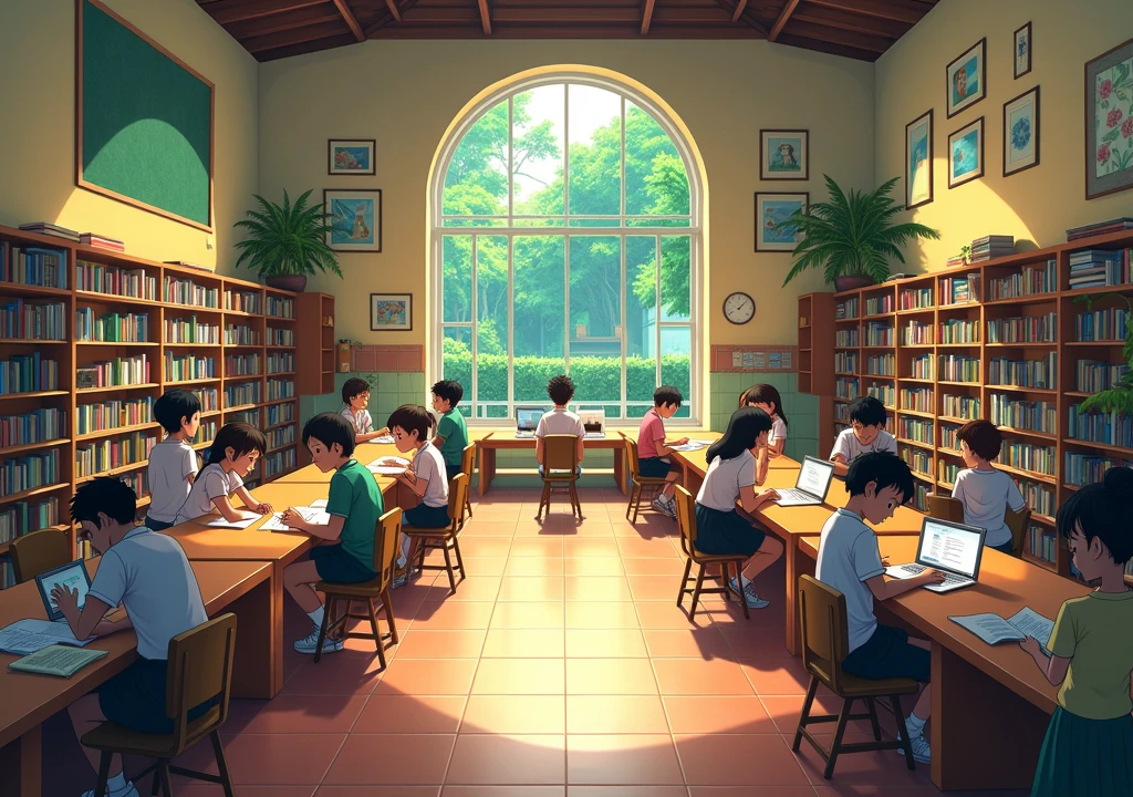 Anime-style library of a Brazilian high school