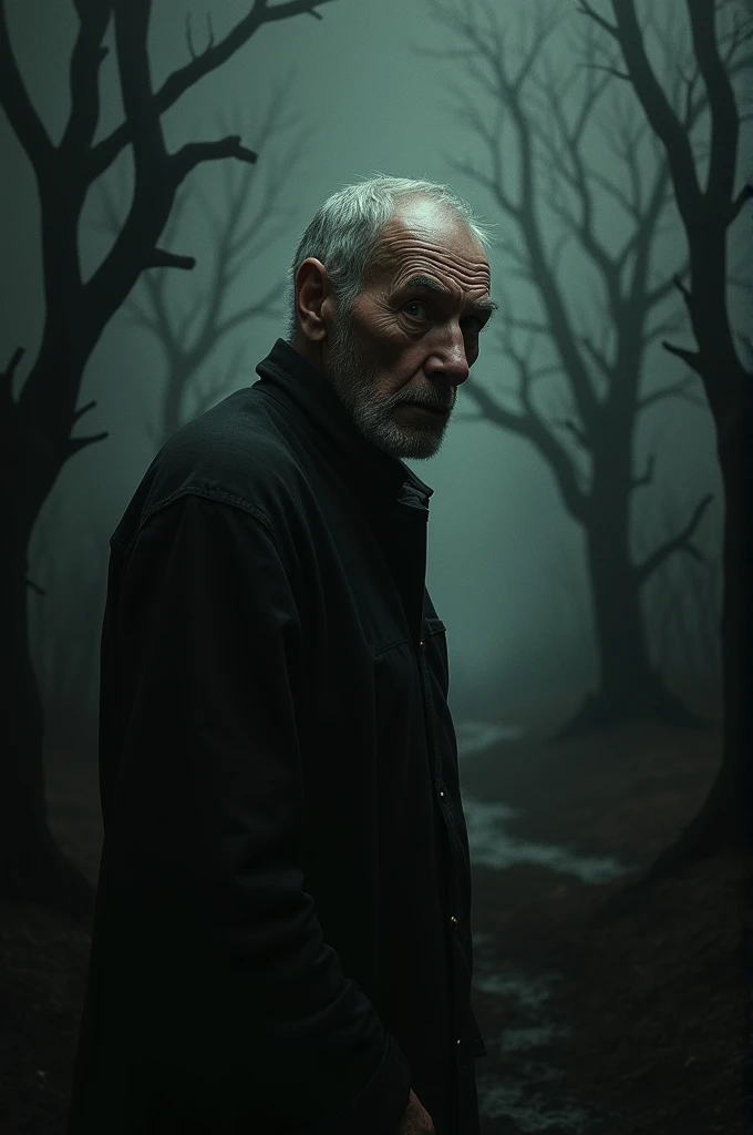 an old man with a scared look on his face looking to the side in a dark place where you can barely see anything, just a few old trees