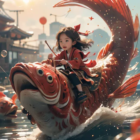 (((鯉の滝のぼり))),(1girl riding on a red fish), kawaii kid with japanese clothing,masterpiece,best quality,ultra-detailed,riding clim...