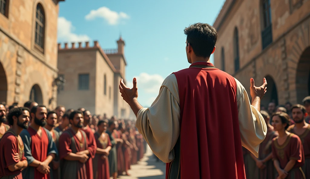 Pedro standing in a square, Preaching to a crowd. The background is a clear blue sky, with old buildings. The crowd is diverse, showing interest and emotion in his expressions.