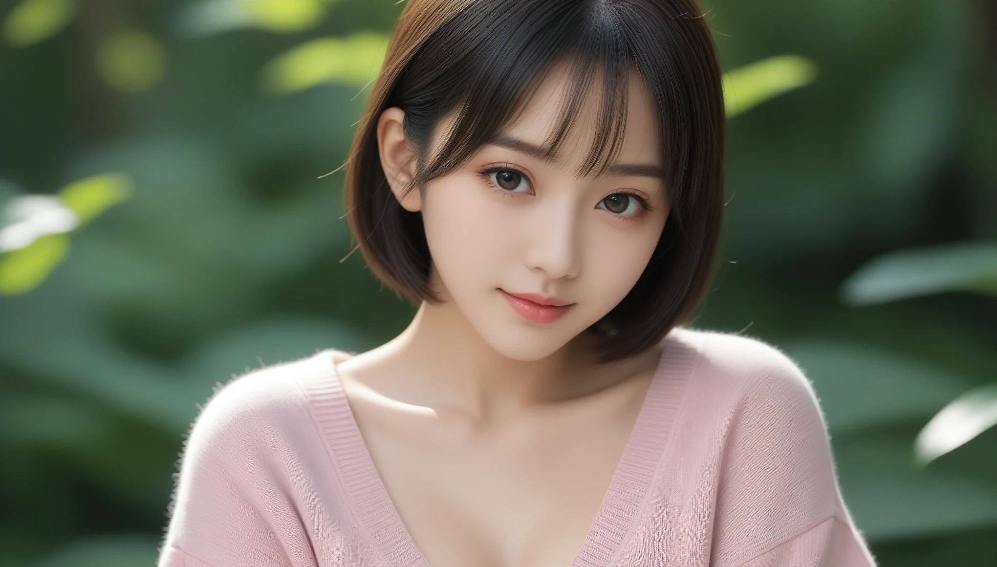 8k, Ultra-high resolution, Highest quality, masterpiece, 三分割法によるphotograph,Surreal, photograph, 1 Girl, (:1.3), pretty girl, Cute Face, 細部までBeautiful Eyes, 細かくdetailedに,masterpiece,One Girl:1.2,Japanese women,Young Wife,upper body,smile,Black hair,Bowl cut,(Summer knitwear:1.3),wood々Inside,Mountain trail,Summer sunshine,wood漏れ日,(Beautiful attention to detail),Subtle details, detailedな顔, smile,Attractive girl,(のポートレートphotograph:1.4),(Photorealistic images:1.4),Fantasy art,(Beautiful Face:1.4),Beautiful and attractive eyes、Beautiful Eyes、(Tight waist:1.4)、(Beautiful with perfect body proportions:1.4),Pink Lips,Looking at the audience,(((Ideal body type))),A-cup small breasts :2,、Portraiture:2、Perfect Anatomy、鮮明なdetailed、detailed,Fashion magazine cover,Thin lips,完璧でBeautiful Face ,完璧でCute Face, Skin with attention to detail, Perfect limbs、Narrow waist,Surreal,Light and shadow,dappled sunlight