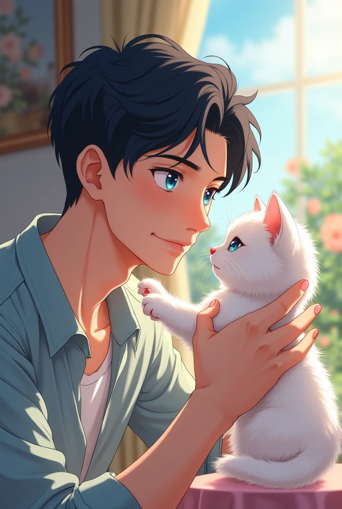 A guy with black hair and blue eyes is playing with a white kitten, anime