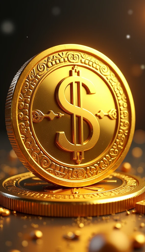 Create a 3D stylized illustration of a gold coin as a logo for the SOLMON universe. The coin should be a single, solo element with a rich, glowing gold finish. In the center, prominently feature the symbol '$MON' carved into the surface, giving it depth and an engraved look. The coin should have intricate, detailed engravings around the edges, adding a sense of sophistication and value. The design should be clean and focused, emphasizing the coin’s significance within the SOLMON ecosystem. The background should be minimalistic, allowing the coin to stand out, with just a hint of cosmic or digital elements to convey its connection to the Solana blockchain and NFT universe.