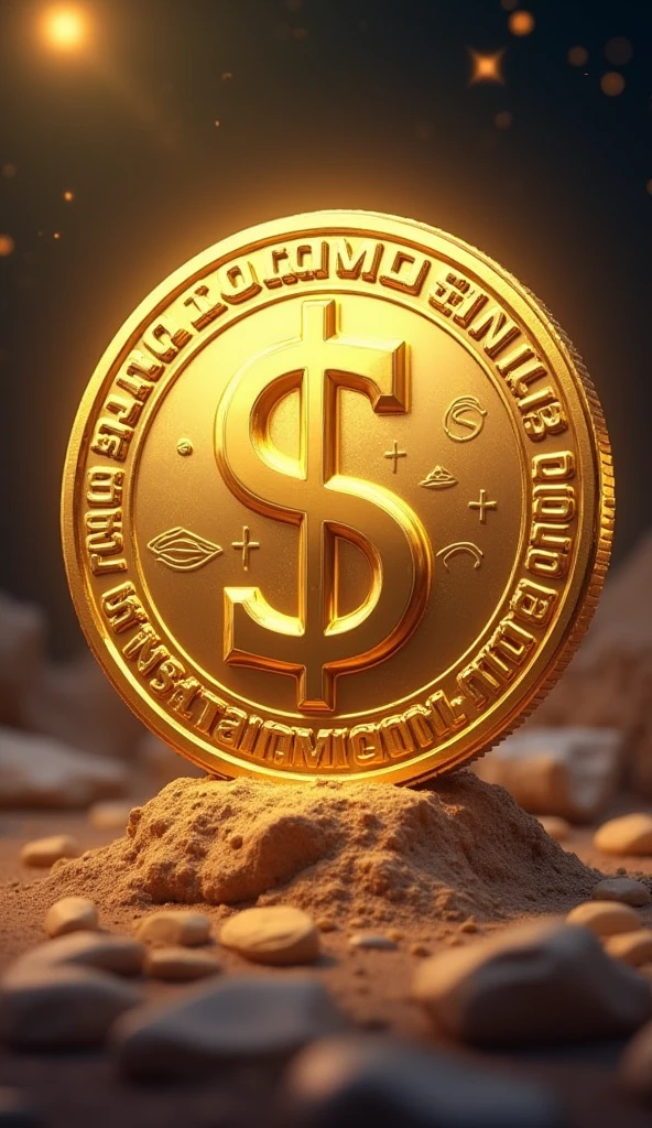 Create a 3D stylized illustration of a gold coin as a logo for the SOLMON universe. The coin should be a single, solo element with a rich, glowing gold finish. In the center, prominently feature the symbol '$MON' carved into the surface, giving it depth and an engraved look. The coin should have intricate, detailed engravings around the edges, adding a sense of sophistication and value. The design should be clean and focused, emphasizing the coin’s significance within the SOLMON ecosystem. The background should be minimalistic, allowing the coin to stand out, with just a hint of cosmic or digital elements to convey its connection to the Solana blockchain and NFT universe.