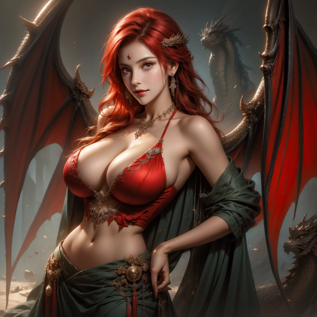 Beautiful sexy fresh nervous, high, delgado, Fit woman, intricate and very detailed, big breasts, firm and heavy, deep neckline, Red hair, body chain, diamond jewelry, bright, bright, Oh!, round cousin , sexy , Amazing , whole body, dragon girl, (((dragon wings)))