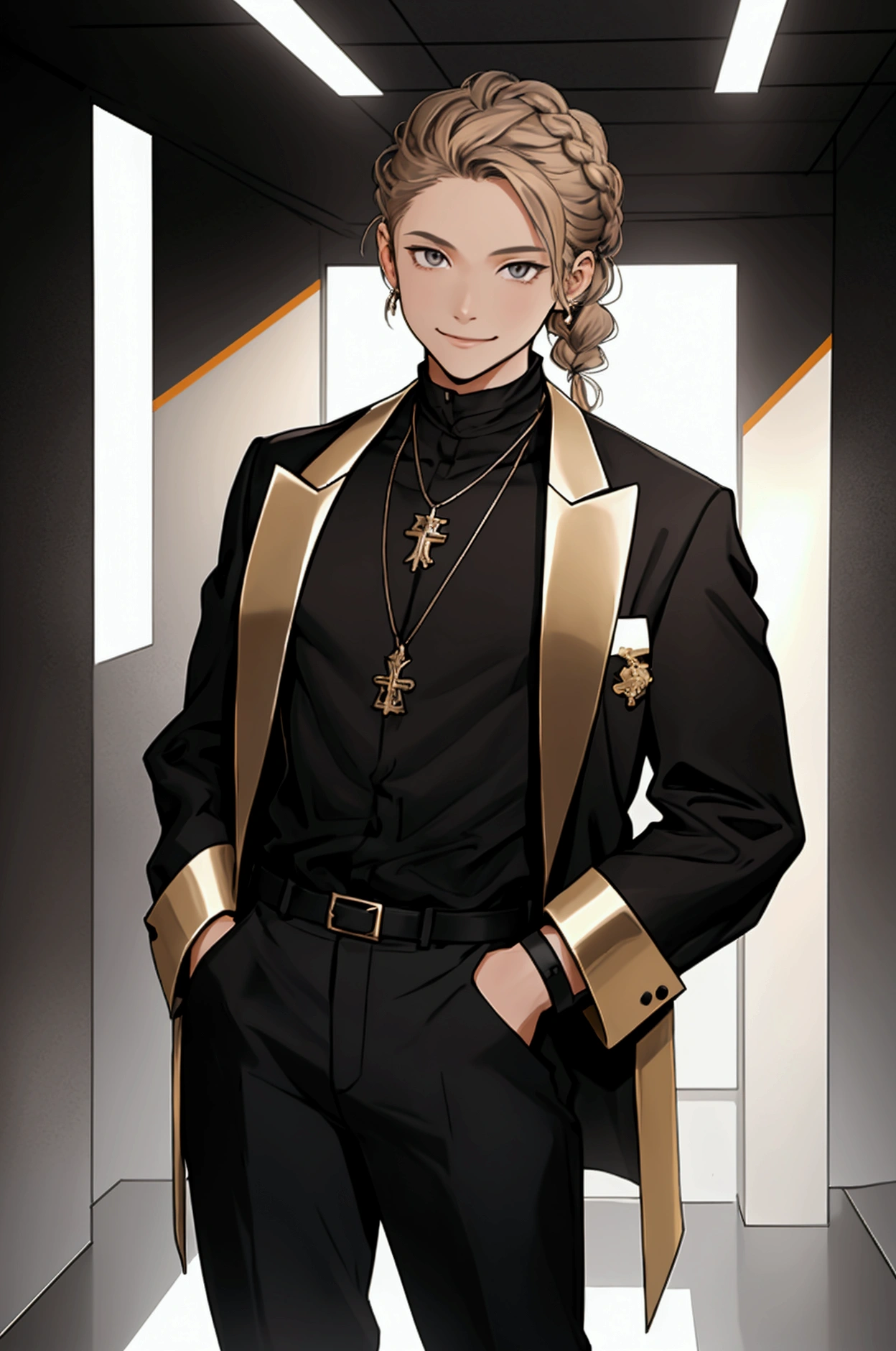 work of art,1 , standing alone, simple background, looking ahead at viewer, drlight smile, Metallic Necklace, hall, dressing, black pants, Troublemaker, Yankee, Accessories, two-tone hair color with light brown, unique hairstyle, chic, french braid, simple background, black backdrop, whole body, Odd Eye
