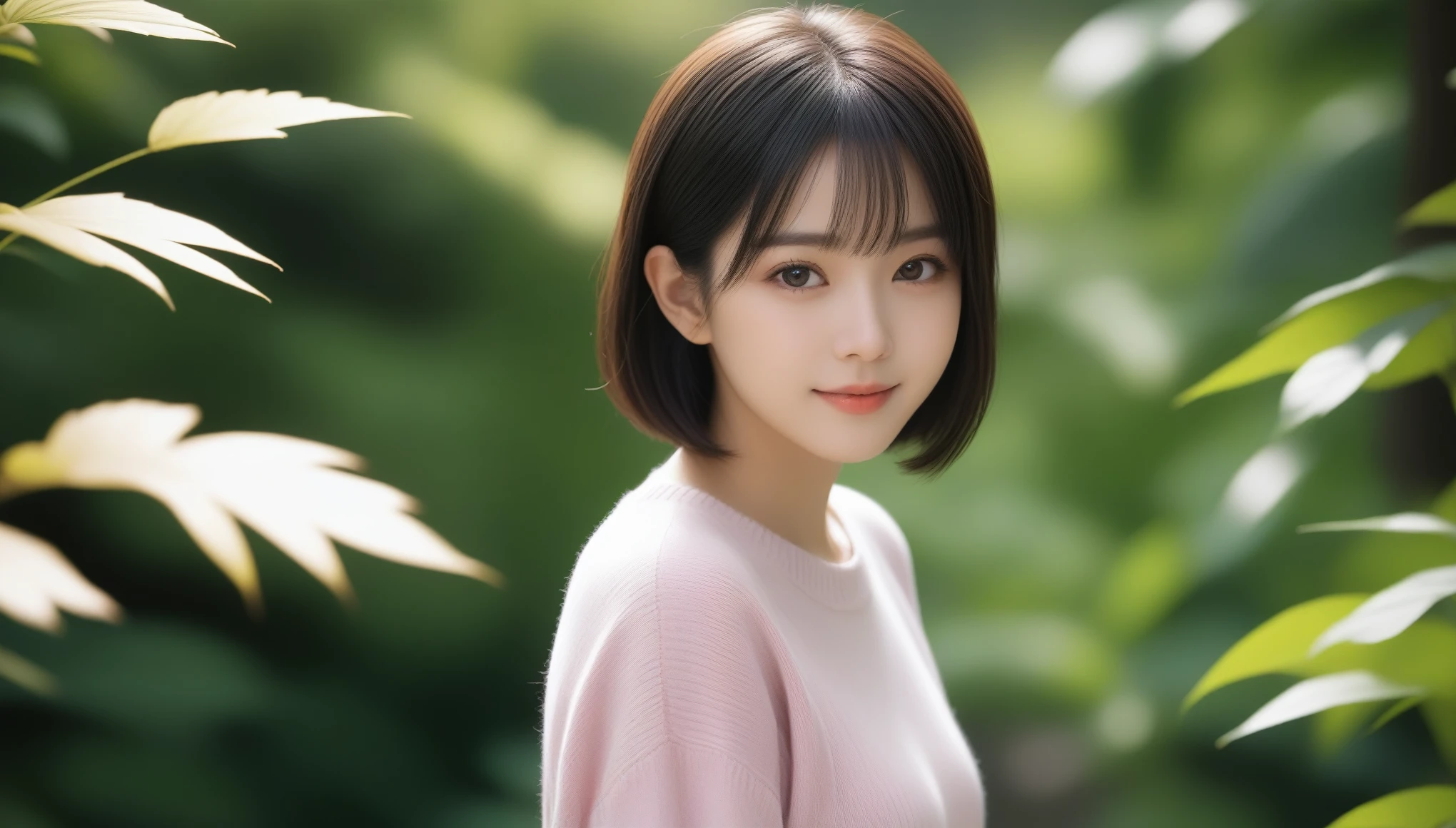 8k, Ultra-high resolution, Highest quality, masterpiece, 三分割法によるphotograph,Surreal, photograph, 1 Girl, (:1.3), pretty girl, Cute Face, 細部までBeautiful Eyes, 細かくdetailedに,masterpiece,One Girl:1.2,Japanese women,Young Wife,upper body,smile,Black hair,Bowl cut,(Summer knitwear:1.3),wood々Inside,Mountain trail,Summer sunshine,wood漏れ日,(Beautiful attention to detail),Subtle details, detailedな顔, smile,Attractive girl,(のポートレートphotograph:1.4),(Photorealistic images:1.4),Fantasy art,(Beautiful Face:1.4),Beautiful and attractive eyes、Beautiful Eyes、(Tight waist:1.4)、(Beautiful with perfect body proportions:1.4),Pink Lips,Looking at the audience,(((Ideal body type))),A-cup small breasts :2,、Portraiture:2、Perfect Anatomy、鮮明なdetailed、detailed,Fashion magazine cover,Thin lips,完璧でBeautiful Face ,完璧でCute Face, Skin with attention to detail, Perfect limbs、Narrow waist,Surreal,Light and shadow,dappled sunlight