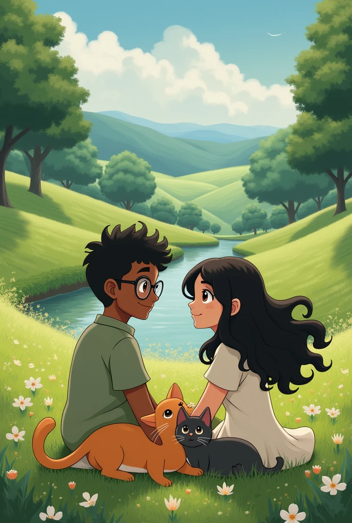 Generate an image of a Studio Ghibli couple where the man is dark-skinned and wears glasses and the woman has black wavy hair and two cats, one orange and the other tabby.