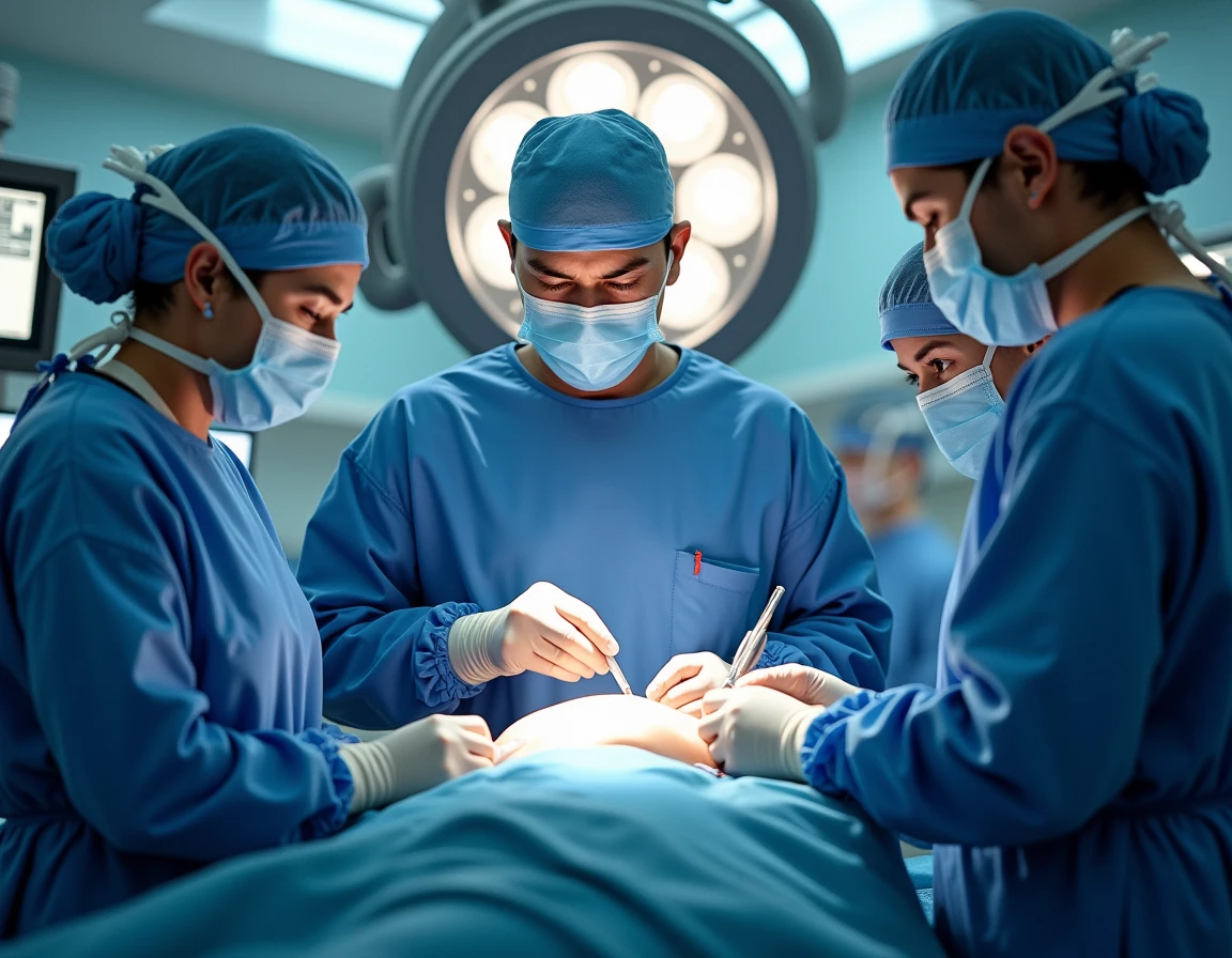 Inside the operating room, Dr. Cooper is fully focused on the surgery. The room is brightly lit, with various medical instruments and machines surrounding the operating table. Dr. Cooper, now in his surgical gear with a mask over his face, is carefully performing the surgery with a team of nurses and assistants, all focused on saving the boy’s life.