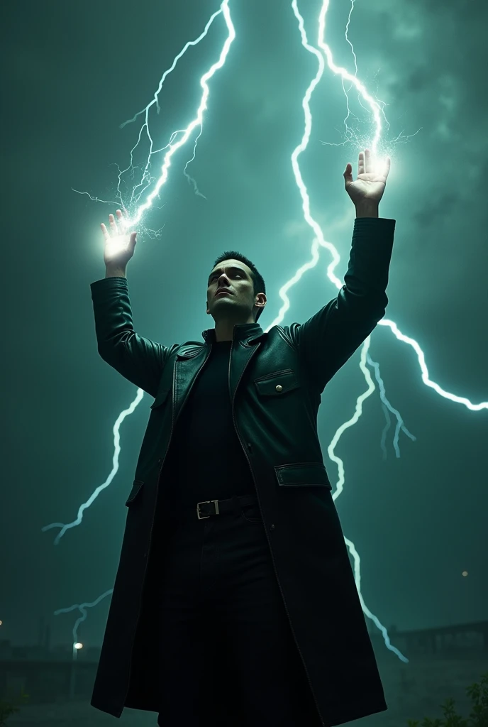 (High resolution photo quality) 4K definition, great brightness.  1 men, with arms raised towards the sky, on a cloudy night. He is struck by lightning that runs through both of his arms, illuminating his body., has a muscular body and wears a leather-colored overcoat, Neo do fime Matrix