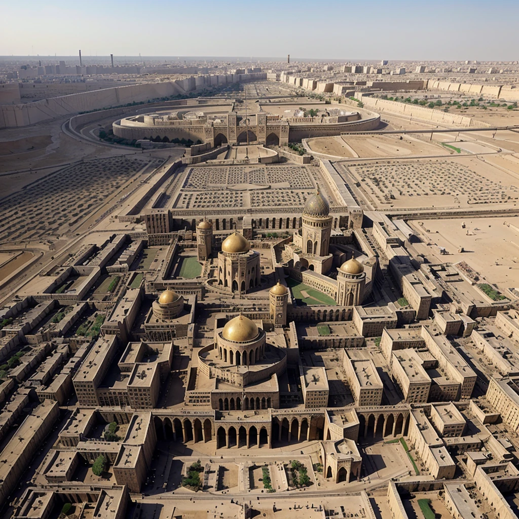 A general plan of Baghdad, with the palace of Caliph Harun al-Rashid in the background.