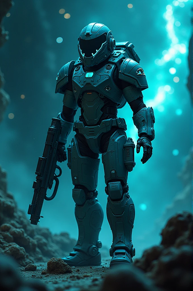Abyssal space marine, (futuristic), armored suit with deep-sea aesthetics, intricate detailing, bioluminescent elements, (dramatic lighting), (dark and moody atmosphere), vast cosmic background, eerie stars and nebulae, (highly detailed), engineered weapons, unique aquatic textures, gripping stance, (cinematic quality), explores unknown depths of the universe.