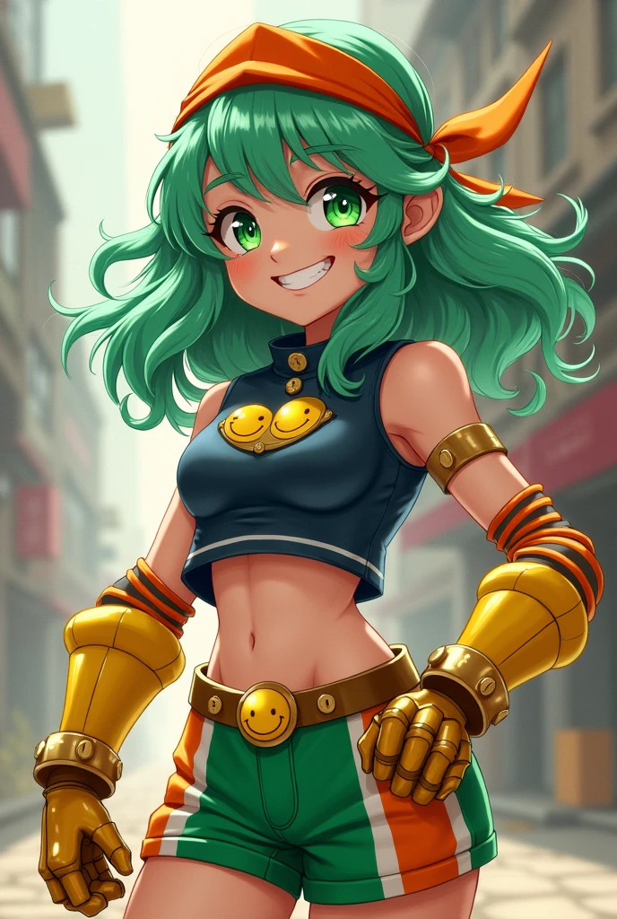 She has sea-green hair that reaches her waist. , and short, wispy bangs that are usually obscured by her bandana. She has dark green eyes with bright pupils, but by far her most prominent feature is her unwavering joyful smile.
Her heroine costume consists of a sleeveless navy blue shirt with a high collar buttoned up to the chin, puffy shorts with a green and orange chalk stripe design and a corset adorned with yellow smiley face pins, Diving into a shallow "sup" At the center. Below that, she wears a white V-shaped belt and, In your hands, she has yellow padded gloves with gold plates over her knuckles and lower fingers, that extend into orange striped tubes down her arms, with thick metal cylinders acting as wrist guards over. She also wears an orange bandana, and her costume sometimes includes a white hygiene mask with a circular protrusion on each side