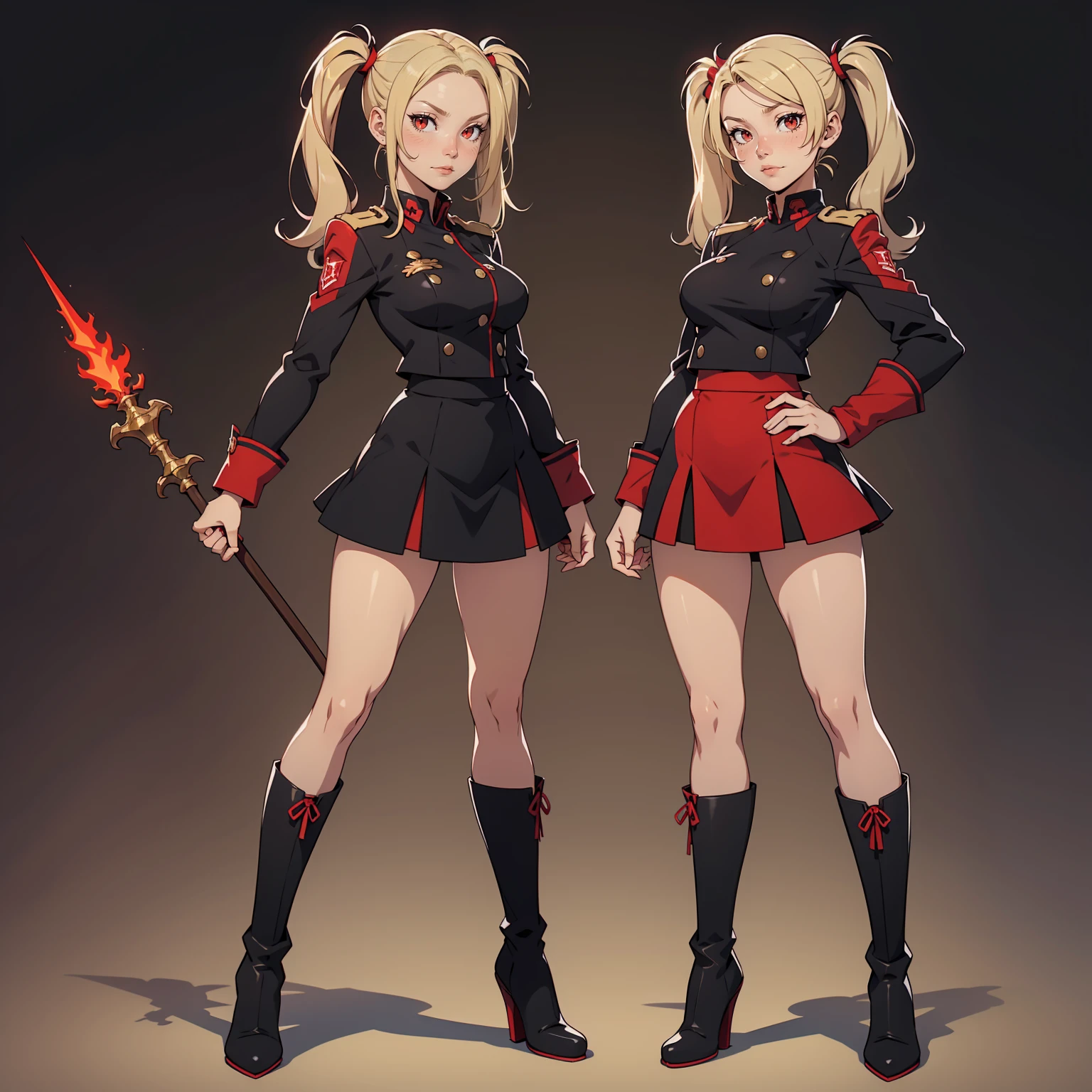 Very detailed, neutral facial expression, medium breasts, full body view, blonde hair with twintails, red eyes, looking at viewer, black and red uniform, skirt, black boots, holding spear with both hands, standing pose.