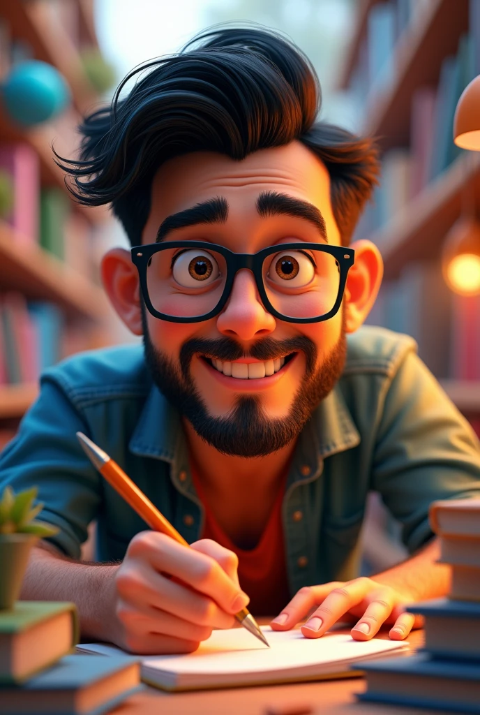 (bright and vibrant colors), (high resolution), (realisitic:1.37), Disney Pixar Movie Poster, (arte de Kevin James), 31 year old man, wearing black square glasses, black hair with quiff, short beard, brunette skin(beautiful detailed eyes:1.1), (beautiful detailed lips:1.1), smiling with a warm expression, (Charming appearance:1.1), (professional lighting), (ultra-thin rendering), (expressive facial features:1.1), Working on a notebook, surrounded by books, (dynamic composition), (whimsical details), (playful characters), vibrant background, full of color and joy, (3D rendering), (fantastic art style), (nostalgic aesthetic), (attention to the details:1.1).