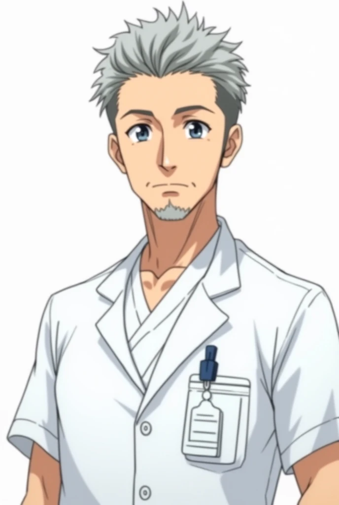 middle aged male doctor, gray short hair, facial hair, perfect symmetrical eyes, white doctor's coat buttoned over ((white scrub)), ((short sleeves)), rectangular ID-badge ((longside at bottom, small dark blue color at top, large white color at bottom)) on left side, neutral emotion, focus on face and upper torso, transparent background, anime style