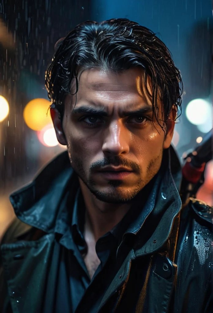 (a man with a gun:1.1) (intensely focused gaze, piercing eyes) (detailed facial features, defined nose and lips) (menacing atmosphere) (dark shadows and dramatic lighting) (high contrast:1.1) (gritty texture) (intense and suspenseful:1.1) (action-packed) (dynamic composition) (cinematic vibe) (shallow depth of field) (dramatic bokeh) (film noir style) (dark and moody color palette) (captivating and mysterious) (nighttime setting) (urban backdrop) (rain-soaked streets) (tense and suspenseful atmosphere:1.1) (emotional impact) (intense storytelling) (provocative and thought-provoking) (striking and impactful) (masterpiece:1.2), (high resolution:4k), (realistic:1.37), (professional)