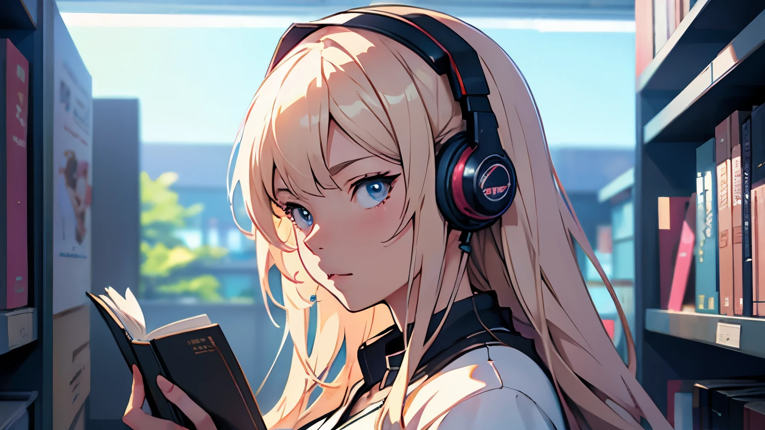 anime girl with headphones reading a book in a library, kawaii realistic portrait, non-style artwork by guweiz, detailed anime digital art, Anime digital illustration, , anime styling. 8k, cute portrait, anime portrait , detailed portrait of anime girl, portrait of a beautiful anime girl, stylized anime, 3d rendering of a cute anime girl