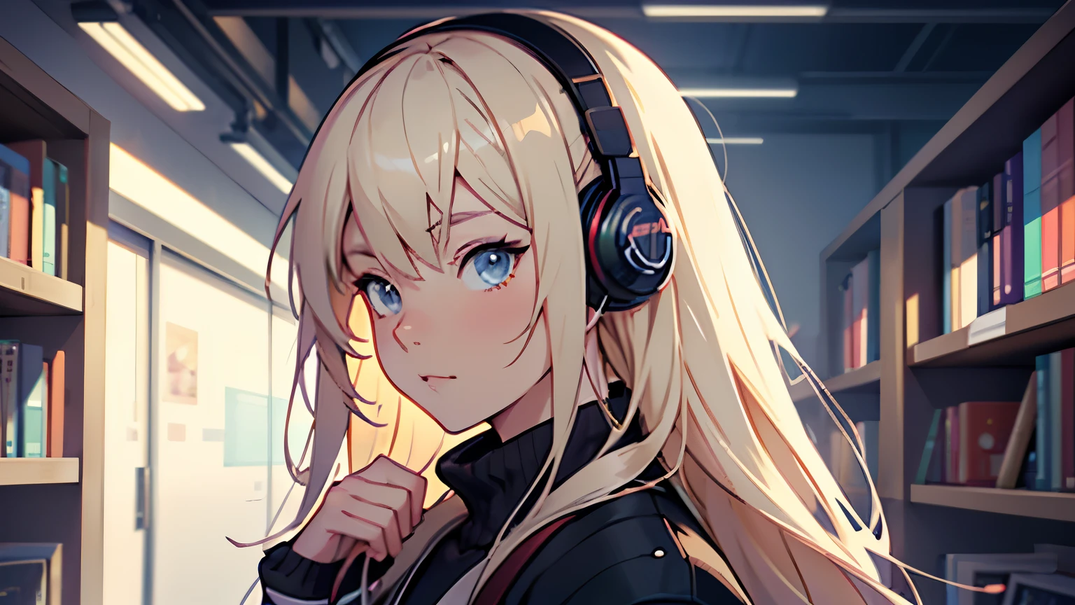 anime girl with headphones reading a book in a library, kawaii realistic portrait, non-style artwork by guweiz, detailed anime digital art, Anime digital illustration, , anime styling. 8k, cute portrait, anime portrait , detailed portrait of anime girl, portrait of a beautiful anime girl, stylized anime, 3d rendering of a cute anime girl