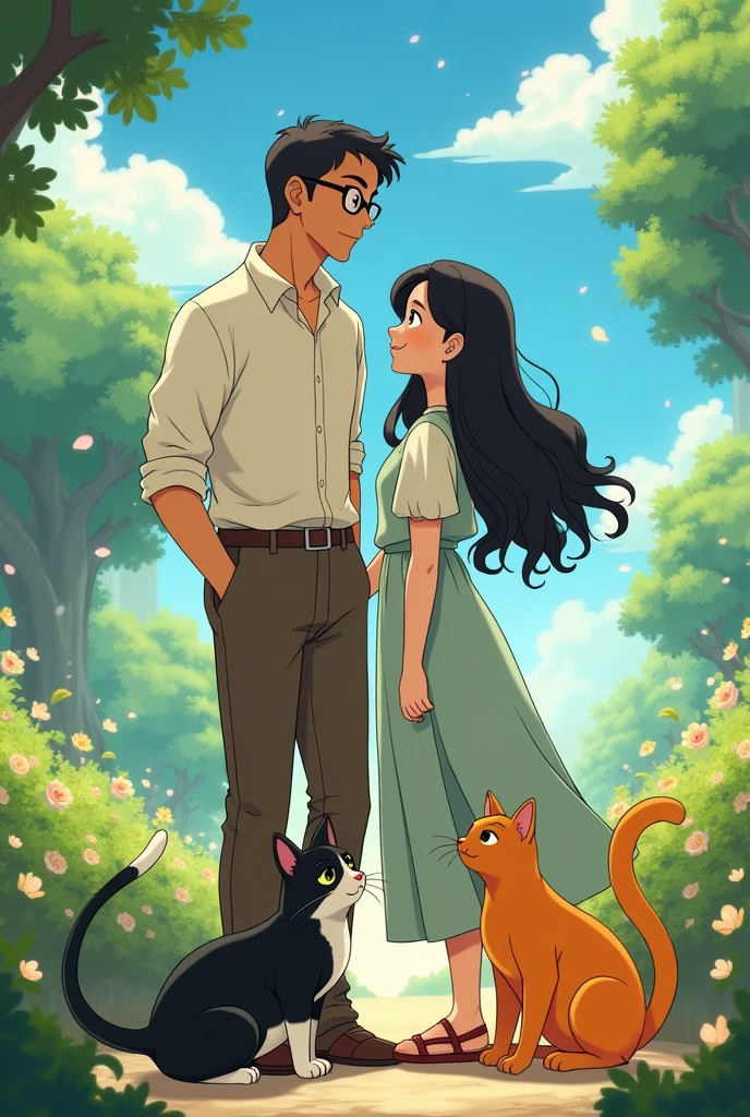 Generate an image of a Studio Ghibli couple where the tanned man wears glasses and the woman has black wavy hair and two cats, one orange and the other tabby.