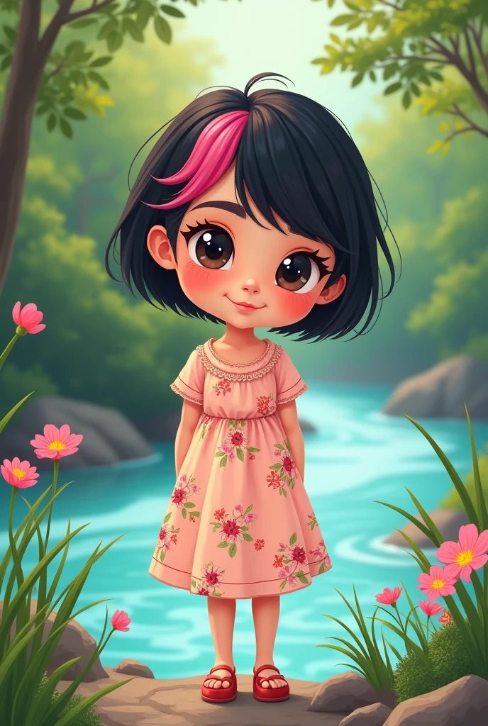 A cartoon iaranian young girl with black hair and pink hair in front of her hair, her hair is short, by the river, with a floral dress