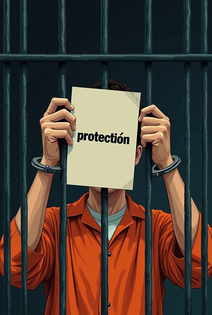 Image of a male inmate's hands, orange dress, handcuffed, Behind bars, showing a sheet of paper with text that says "protection" Spanish language text that the photo is horizontal
