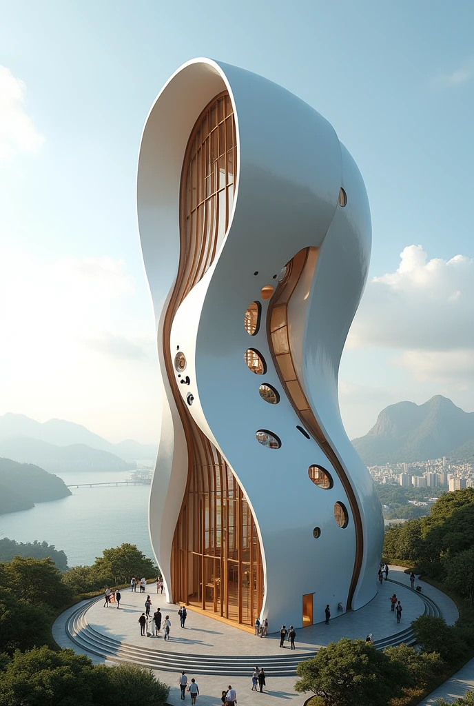 Design a touristic mirador  distinctive beautiful modern tower shaped like a coffee bean   important Keep loyal to the coffee shape of the building with the curved line that devides the bean of coffee. Dong go so far from the real shape of the coffee bean The line that devides the two sections of the bean is brown and on one side there are vewpoints ,modern appearance.