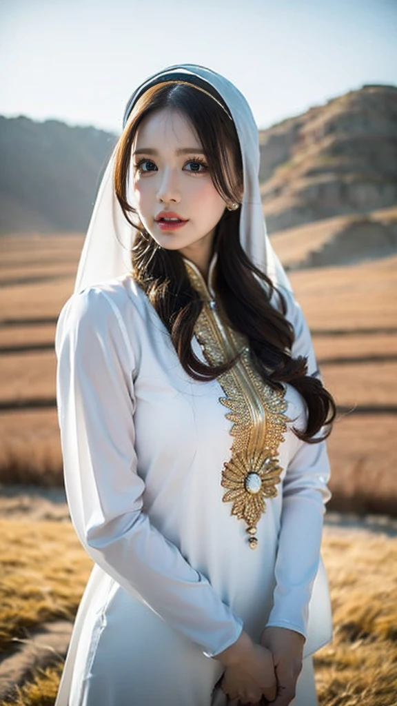 1 girl wearing hsalwar kameez and hijab, beautiful detailed eyes, beautiful detailed lips, extremely detailed face and skin, long eyelashes, traditional pakistani outfit, hijab covering head, hands holding something, standing in rural landscape, golden hour lighting, warm color tones, cinematic mood, intricate details, photorealistic, 8k, high quality, masterpiece