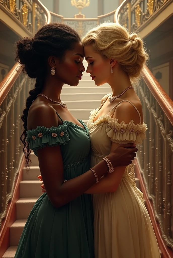 A couple: a black woman in braids and a blonde woman, on the titanic wearing 1910s clothing 