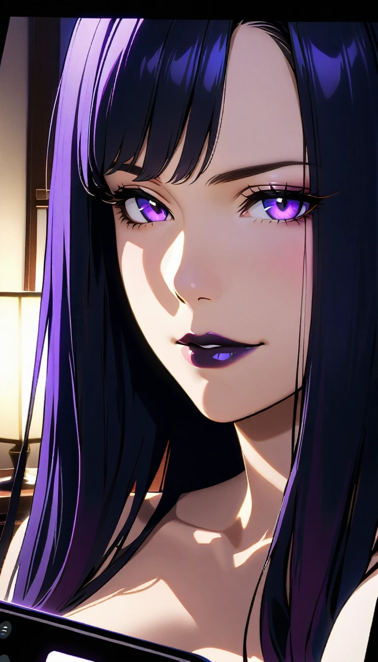 A close-up shot of a 35-year-old Japanese evil MILF's face, with a bewitching beauty that's been twisted maliciously. Her dark lips curve into a sensual smile, glistening wetly as she gazes at her smartphone screen displaying news of her husband's passing. Framed by a dimly lit room, the composition emphasizes her striking features and calculated expression.