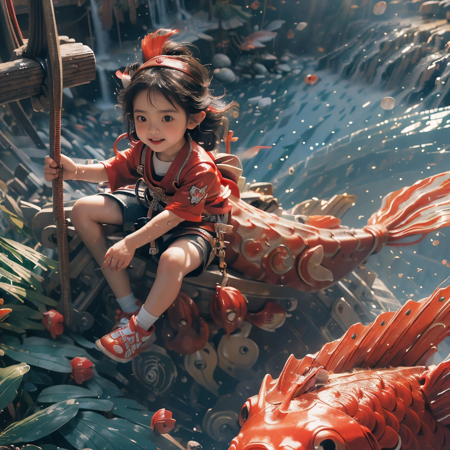 (((waterfall climbing:1.4))), (ExtremelyDetailed(KAWAII GIRL Riding on a red fish)), KAWAII kid with Japanese clothing, Detailed KAWAII face, 8K TopQuality Ultra-detailed Masterpiece(ProfessionalPhoto:1.37),(riding(climbing(Big Waterfalls))), Sparkling Water Particles, (Luminism:1.28)