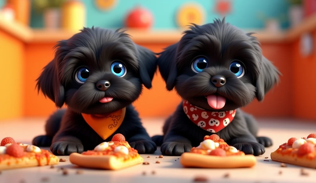 2 adorable black shih tzu puppies with big blue eyes wearing colorful collars and bandanas eating pizza 3D Pixar style