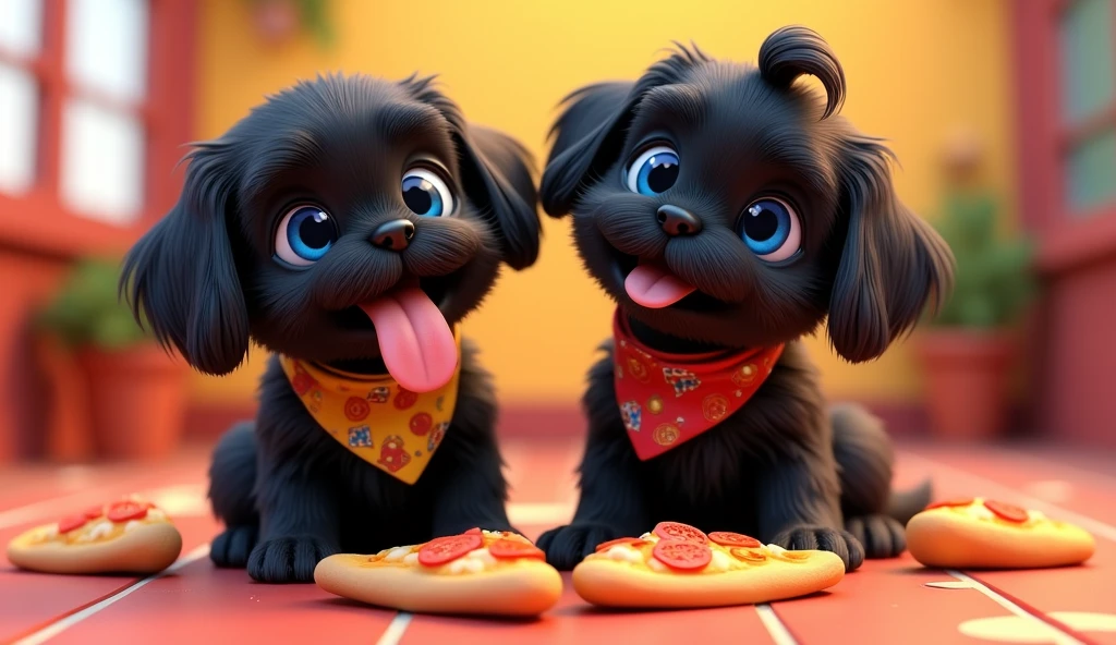 2 adorable black shih tzu puppies with big blue eyes wearing colorful collars and bandanas eating pizza 3D Pixar style